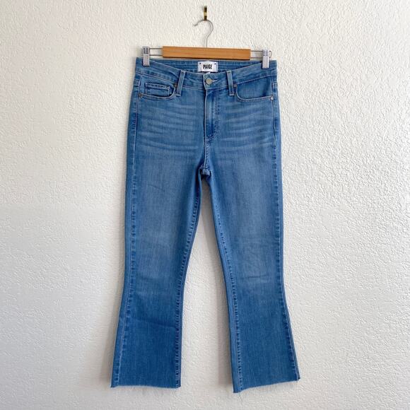 PAIGE Rory Crop Flare Jeans in Signa Light Wash Raw Hem Stretch Denim Size 27 - Picture 3 of 11